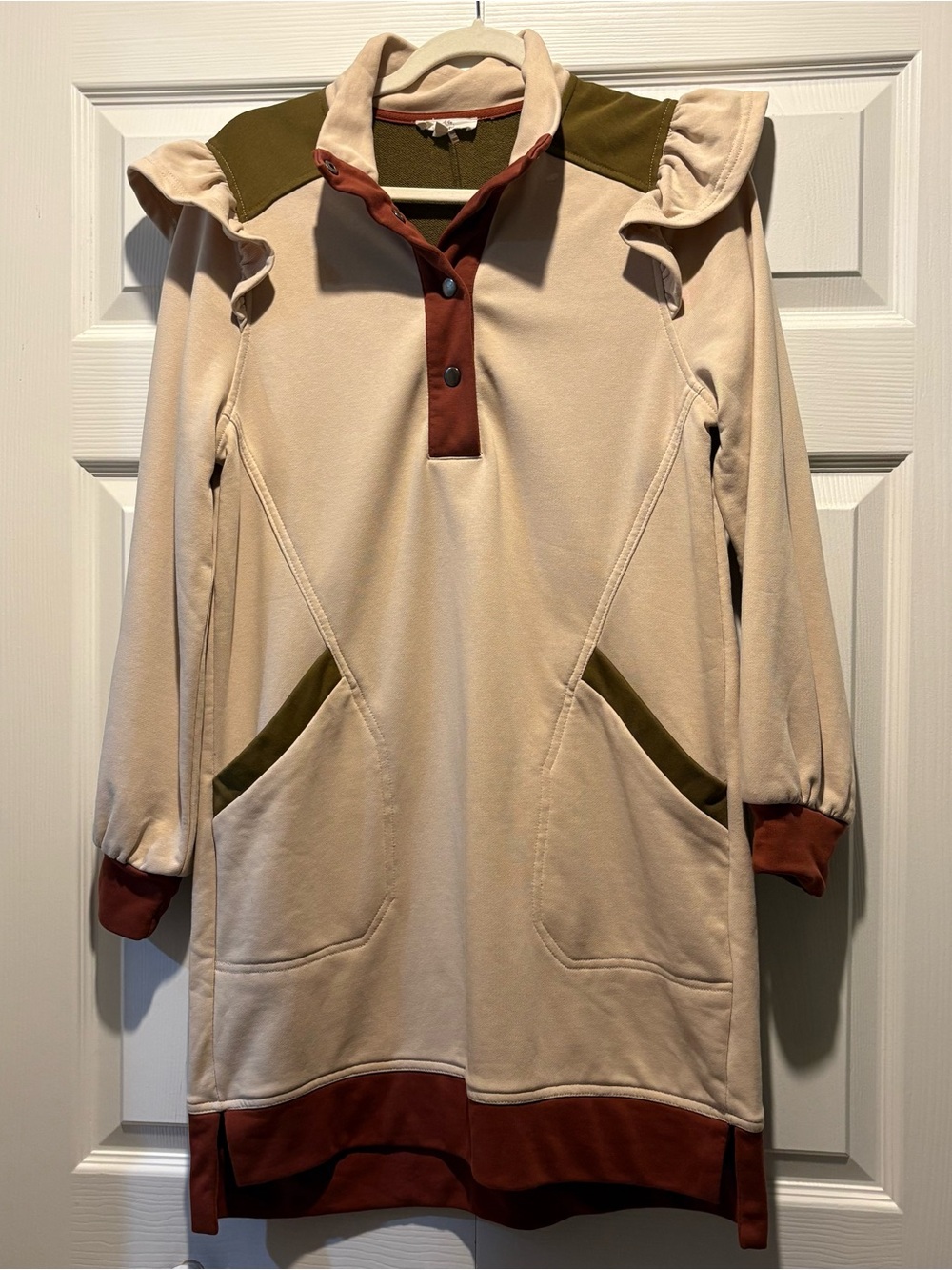 Entro Cream Olive Maroon Long Sleeve Ruffle Sweatshirt Dress Cotton Pockets M